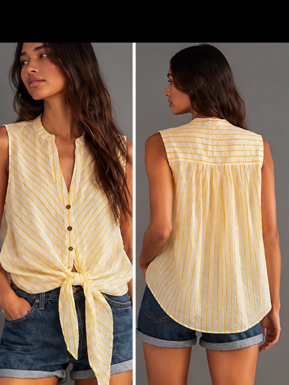 Anthropologie Maeve Yellow Stripe Tie-Front Blouse - Picture 3 of 5